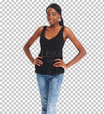 Buy stock photo Black woman, fashion and portrait with hands on waist, makeup and confident on isolated transparent png background. Smile, beauty and young with trendy outfit, stylish and cool clothes for blogger
