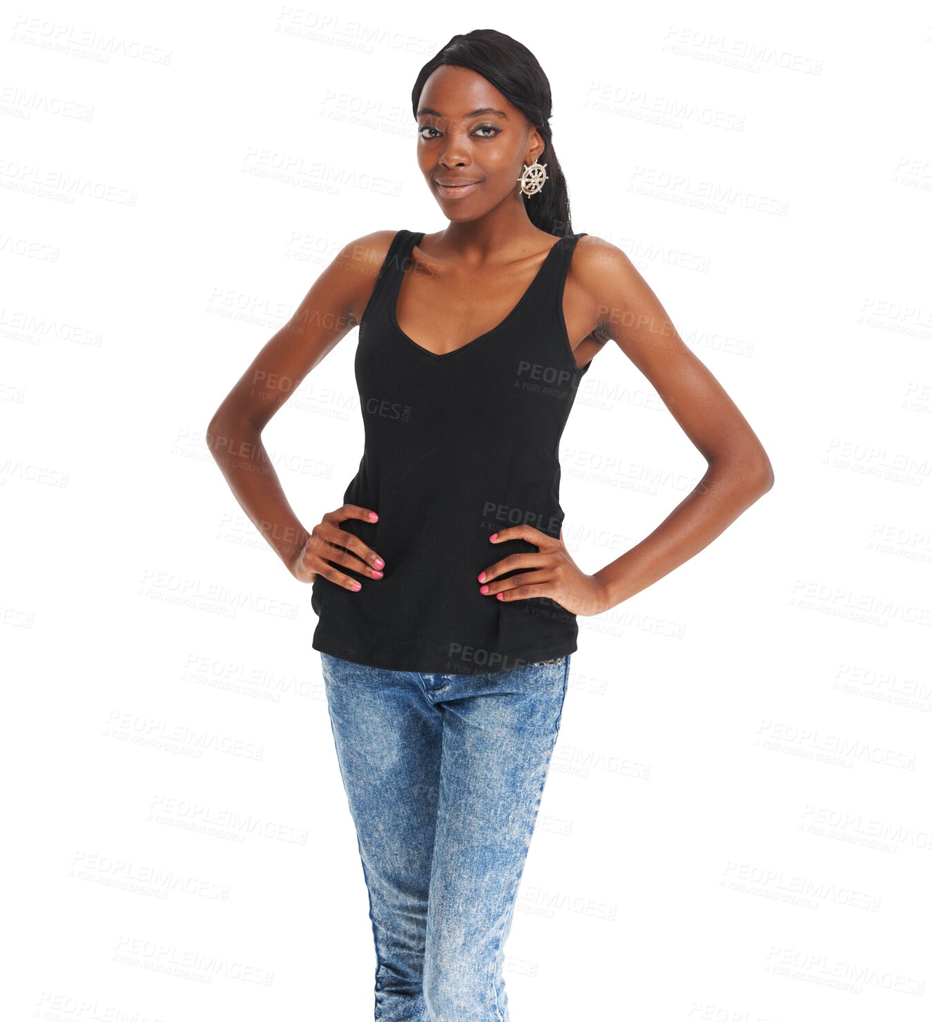 Buy stock photo Black woman, fashion and portrait with hands on waist, makeup and confident on isolated transparent png background. Smile, beauty and young with trendy outfit, stylish and cool clothes for blogger
