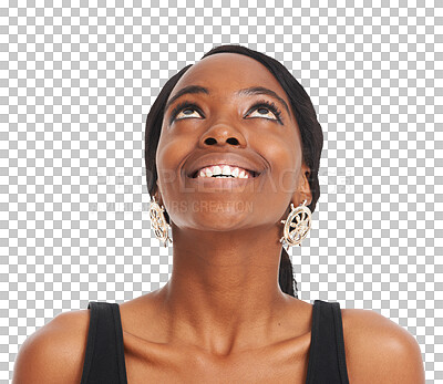 Buy stock photo Isolated African woman, looking up and thinking for smile, ideas or vision by transparent png background. Girl, model or person with happy memory, decision or remember for choice with earring jewelry