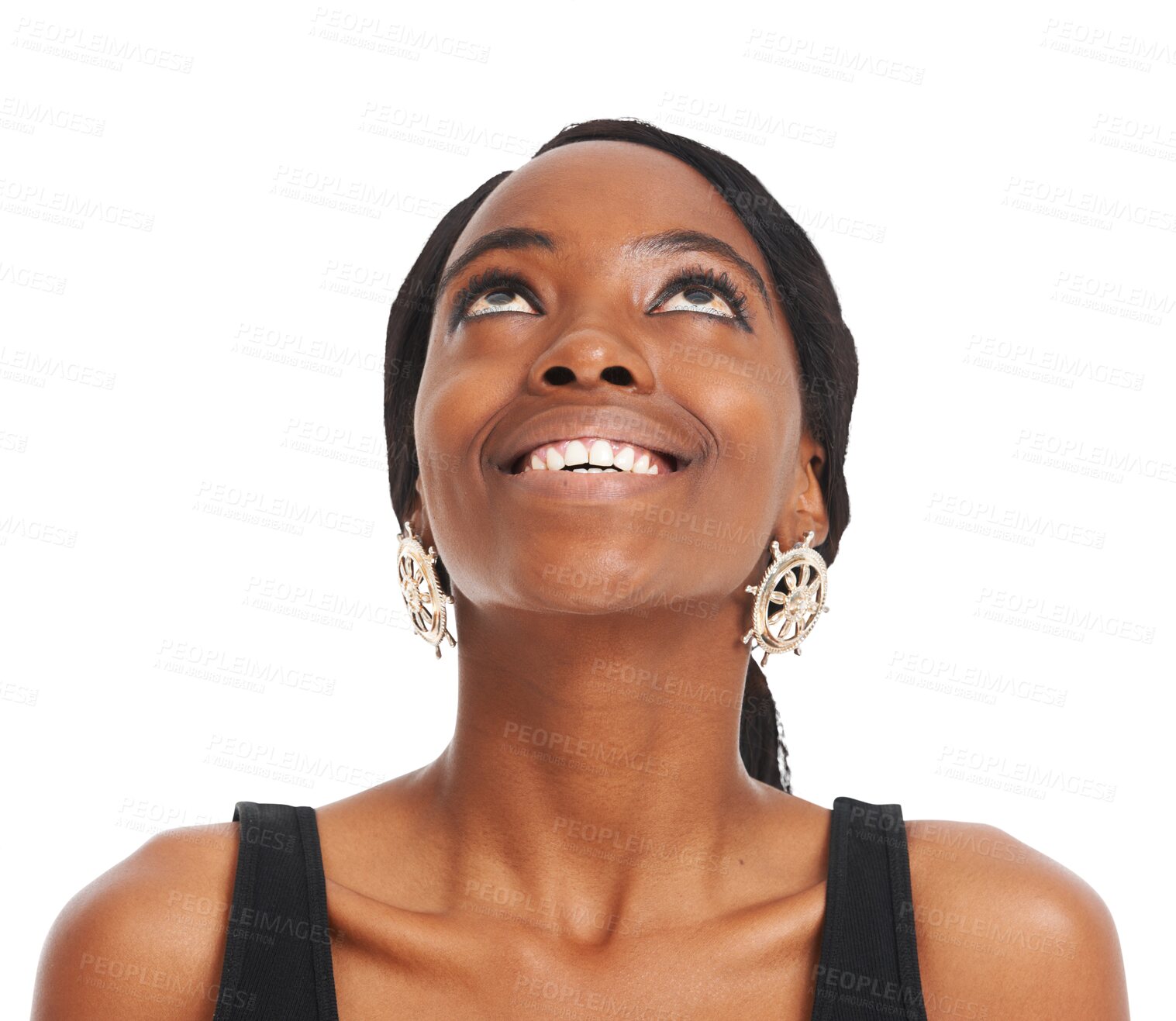 Buy stock photo Isolated African woman, looking up and thinking for smile, ideas or vision by transparent png background. Girl, model or person with happy memory, decision or remember for choice with earring jewelry