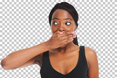 Buy stock photo Surprise, wow and black woman with doubt, omg and model isolated on a transparent background. African person, confused and girl covering her mouth, idea and announcement with png, emoji and reaction