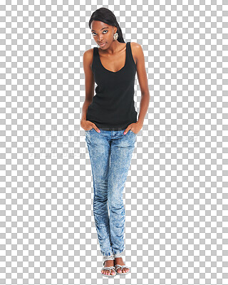 Buy stock photo Black woman, posing and portrait for fashion, model and confident on isolated transparent png background. Serious, beauty and young with trendy outfit, stylish and fashionable clothes for blogger
