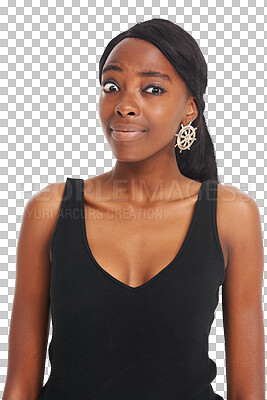 Buy stock photo Portrait, confused and black woman with thinking, decision and girl isolated on a transparent background. Face, African person and model with doubt, pensive and wondering with emoji. choice and png