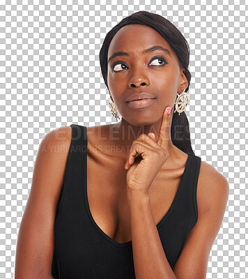 Buy stock photo Woman, thinking and idea for fashion, plan and opportunity for future, vision and choice or question. Black female person, dream and wonder for beauty, mind and isolated on transparent png background