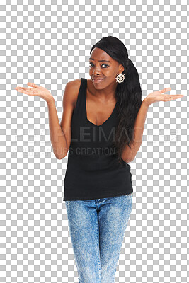 Buy stock photo Isolated African woman, hands and confused with choice, options and review by transparent png background. Girl, fashion and jewelry with open palm for decision, doubt and questions in trendy clothes