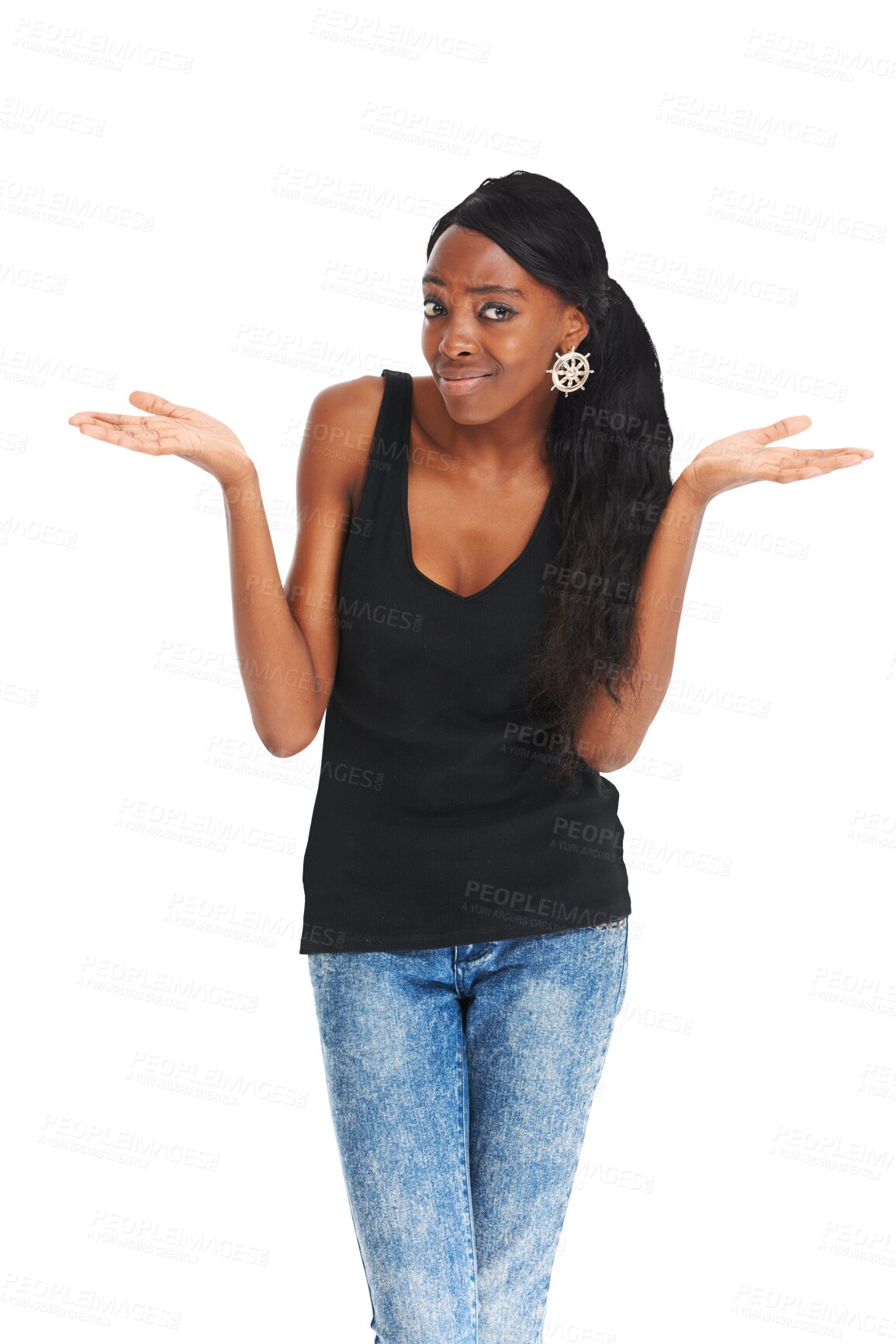 Buy stock photo Isolated African woman, hands and confused with choice, options and review by transparent png background. Girl, fashion and jewelry with open palm for decision, doubt and questions in trendy clothes