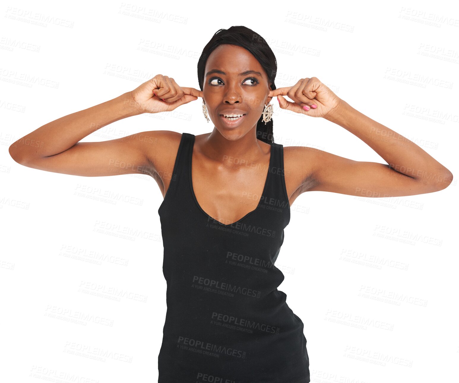 Buy stock photo Isolated African woman, ears and fingers to stop sound, noise and thinking by transparent png background. Girl, block hearing or voice with ideas for fashion, trendy clothes and jewelry with memory