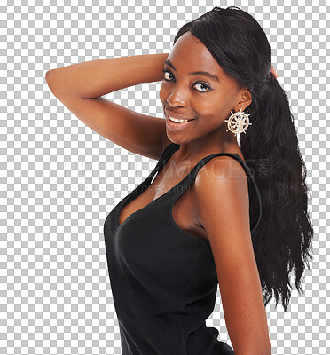 Buy stock photo Smile, fashion and portrait of young black woman with casual, trendy and stylish outfit for confidence. Happy, beauty and African female model with style isolated by transparent png background.