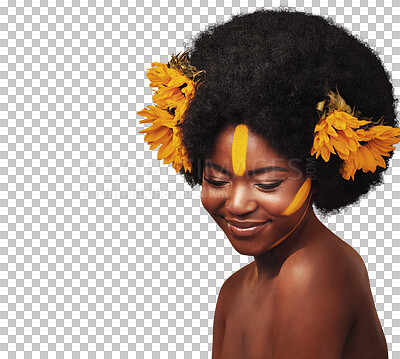 Buy stock photo Hair care, sunflowers and black woman in afro, beauty and natural isolated on a transparent png background. Cosmetics, makeup and African person with floral, organic salon treatment and facial glow