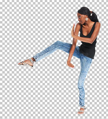 Buy stock photo Isolated woman, martial arts and funny kick with balance, fashion and fight by transparent png background. Girl, model and person with karate, muay thai and profile with jewelry in trendy clothes