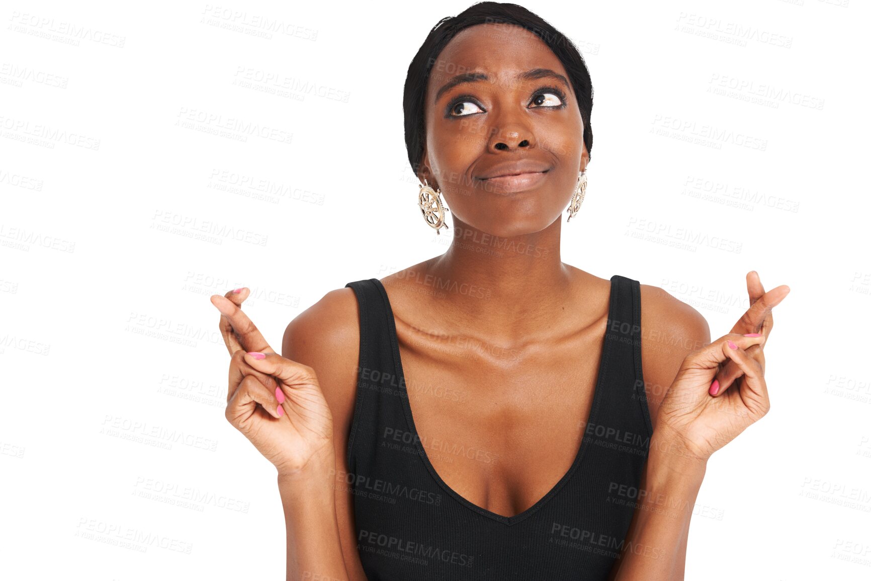 Buy stock photo Woman, thinking and fingers crossed or winning luck for opportunity, hope sign or isolated transparent png background. Black person, hand gesture for prize optimism for wishing, waiting for lottery