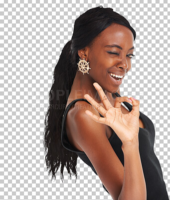 Buy stock photo Woman, wink and ok for approval, support and thank you or isolated on transparent png background. Black female person, emoji and yes or agreement, winner and smile for satisfaction, vote and feedback