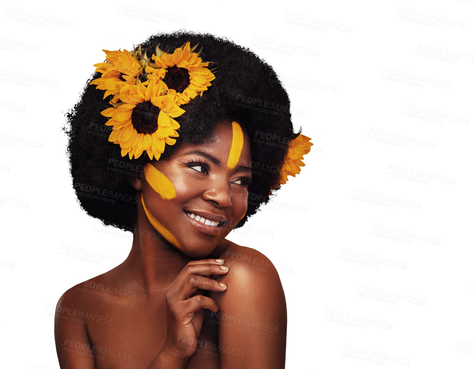 Buy stock photo Hair, sunflowers and happy black woman in afro, natural beauty and thinking isolated on a transparent png background. Cosmetics, makeup and African person in floral organic bodycare, face and skin