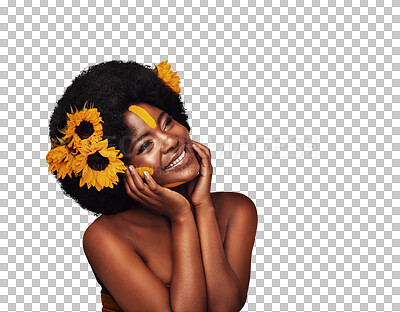 Buy stock photo Hair care, sunflowers and black woman with hands on skin, natural beauty or thinking isolated on a transparent png background. Cosmetics, touch face makeup or floral, organic salon treatment or smile