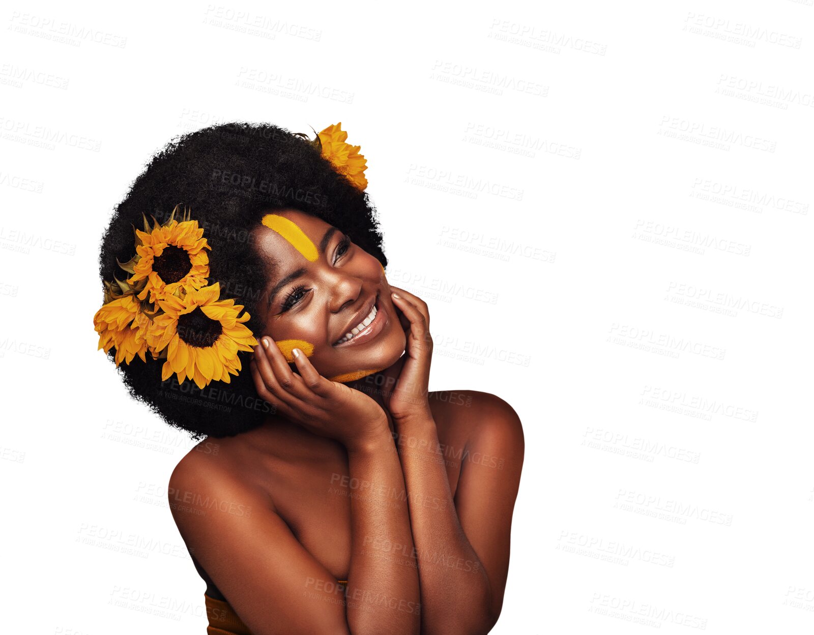 Buy stock photo Hair care, sunflowers and black woman with hands on skin, natural beauty or thinking isolated on a transparent png background. Cosmetics, touch face makeup or floral, organic salon treatment or smile