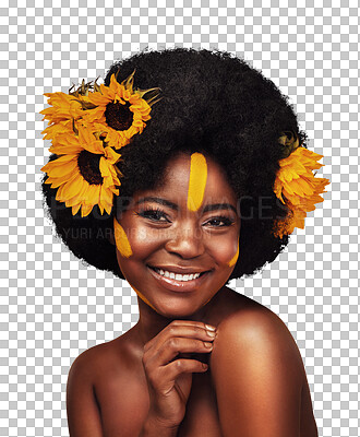 Buy stock photo Hair care, sunflowers and portrait of black woman, skin or  natural beauty isolated on transparent png background. Cosmetics, happy face makeup and floral hairstyle, organic salon treatment or health