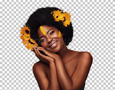 Buy stock photo Hair care, sunflowers and portrait of black woman, hands on skin and natural beauty isolated on a transparent png background. Cosmetics, touch face makeup and floral afro, organic salon and smile