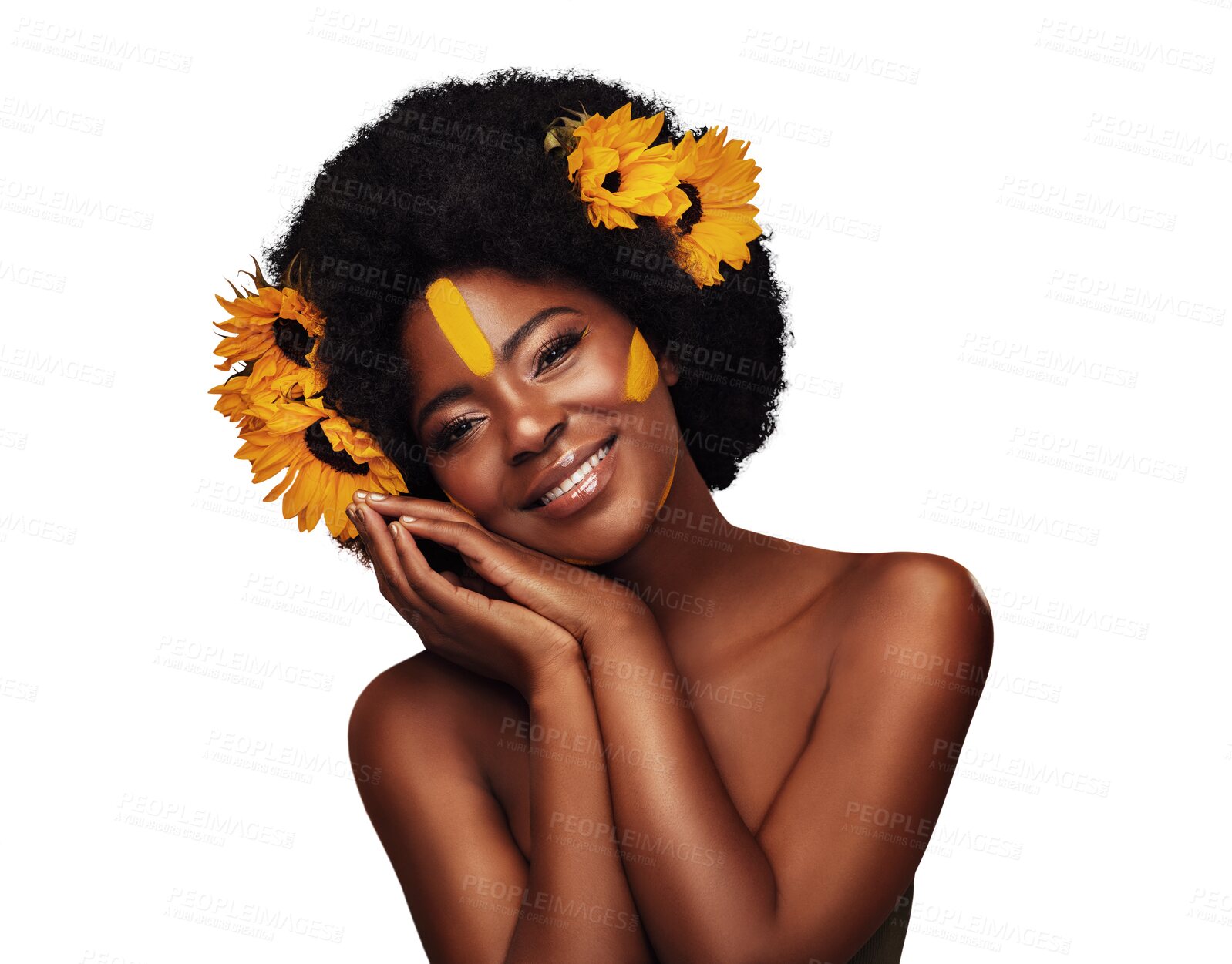 Buy stock photo Hair care, sunflowers and portrait of black woman, hands on skin and natural beauty isolated on a transparent png background. Cosmetics, touch face makeup and floral afro, organic salon and smile