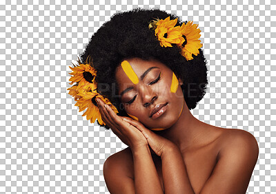 Buy stock photo Beauty, skincare and a black woman with flowers in her hair isolated on transparent background. Relax, wellness and eyes closed with a natural young model on PNG for calm, quiet or peaceful self care