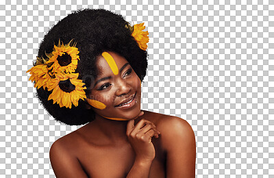 Buy stock photo Happy, thinking and black woman with flowers for skincare, cosmetic and natural face routine. Smile, beauty and young African model with floral plants in hair isolated by transparent png background.