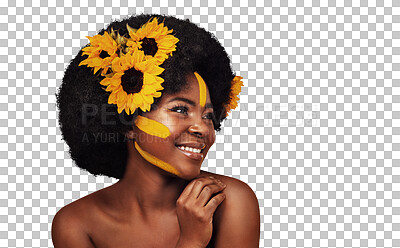 Buy stock photo Thinking, cosmetics or black woman with sunflowers, makeup or confident girl isolated on transparent background. African person, nature or model with plants, aesthetic or facial with happiness or png