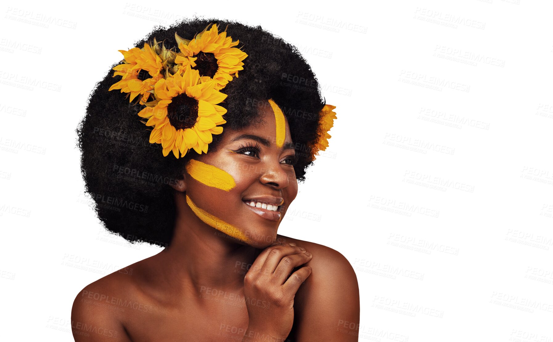 Buy stock photo Thinking, cosmetics or black woman with sunflowers, makeup or confident girl isolated on transparent background. African person, nature or model with plants, aesthetic or facial with happiness or png