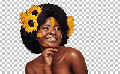 Buy stock photo Smile, beauty and black woman with flowers for skincare, cosmetic and natural face routine. Happy, aesthetic and young African model with floral plants in hair isolated by transparent png background.