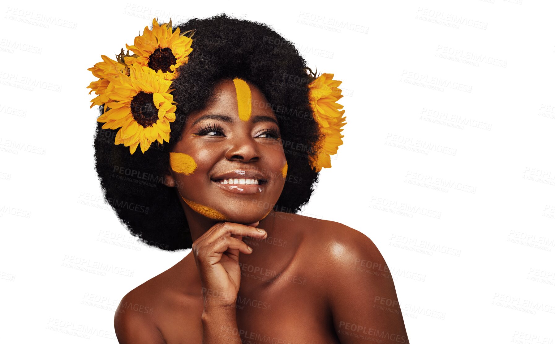 Buy stock photo Smile, beauty and black woman with flowers for skincare, cosmetic and natural face routine. Happy, aesthetic and young African model with floral plants in hair isolated by transparent png background.