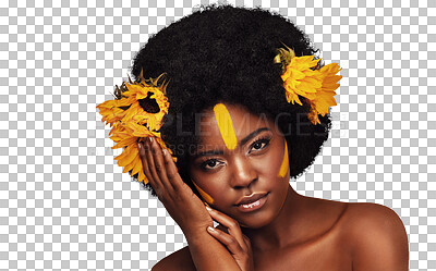 Buy stock photo Cosmetic, portrait and black woman with flowers for skincare, beauty and natural facial routine. Makeup, face and young African model with floral plants in hair isolated by transparent png background