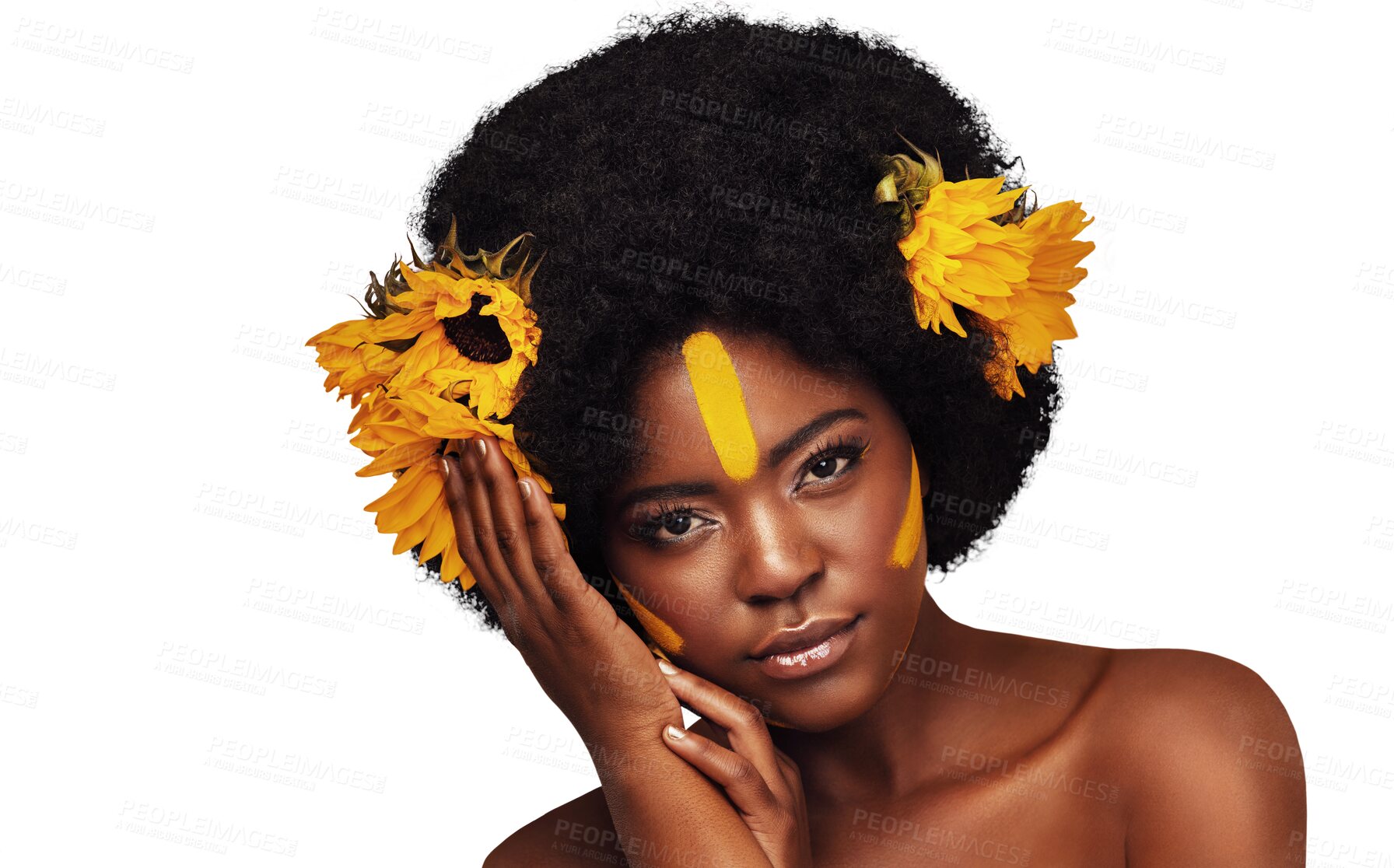 Buy stock photo Cosmetic, portrait and black woman with flowers for skincare, beauty and natural facial routine. Makeup, face and young African model with floral plants in hair isolated by transparent png background