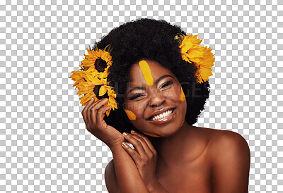 Buy stock photo Smile, portrait and black woman with flowers for skincare, cosmetic and natural face routine. Happy, beauty and young African model with floral plants in hair isolated by transparent png background.