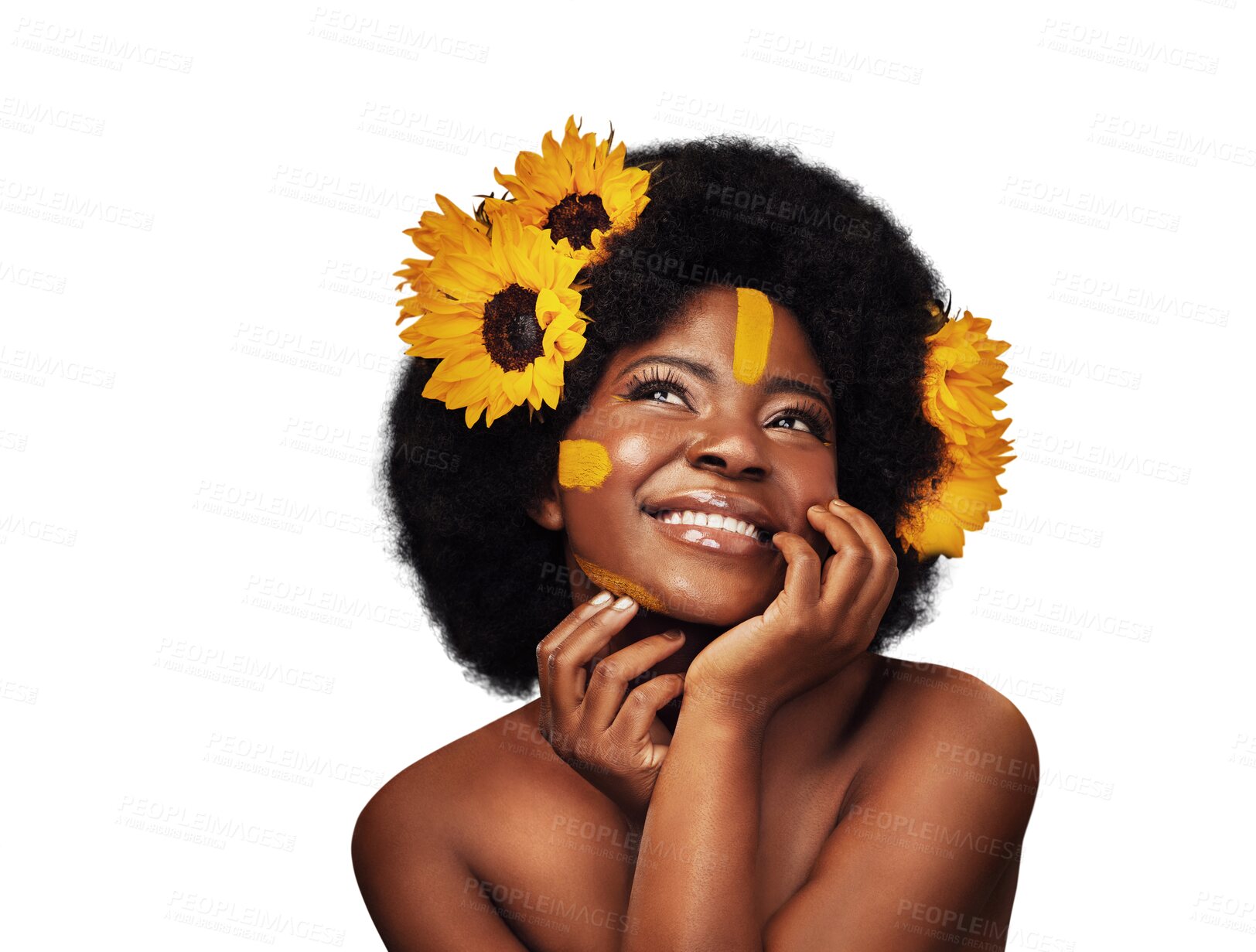 Buy stock photo Smile, thinking and black woman with flowers for skincare, cosmetic and natural face routine. Happy, beauty and young African model with floral plants in hair isolated by transparent png background.