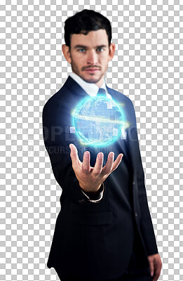 Buy stock photo Portrait, business man and world hologram for company franchise, global expansion or worldwide innovation. Futuristic globe, palm gesture or professional agent isolated on transparent, png background