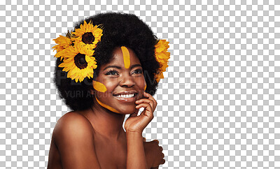 Buy stock photo Smile, cosmetic and black woman with flowers for skincare, makeup and natural face routine. Happy, beauty and young African model with floral plants in hair isolated by transparent png background.