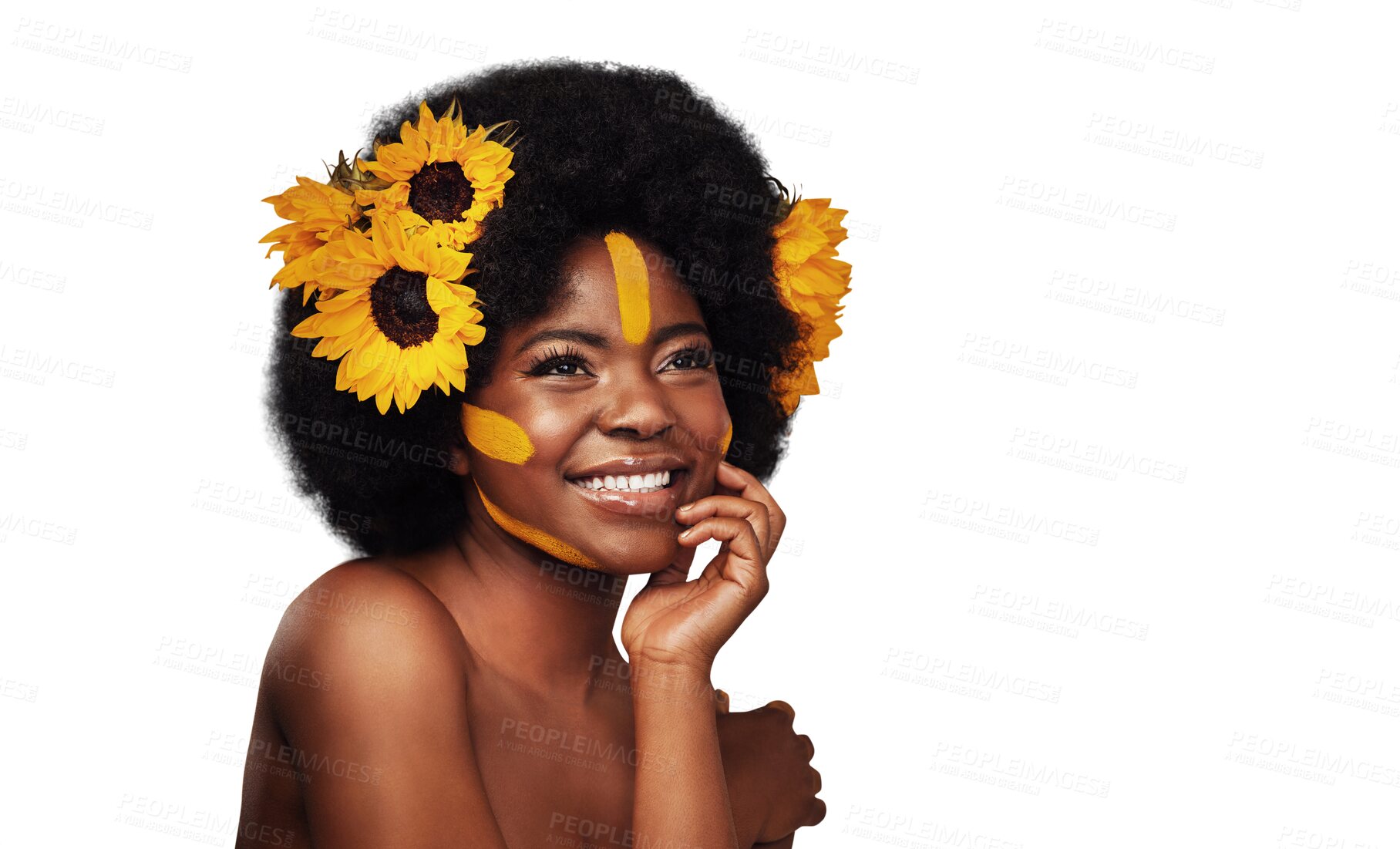 Buy stock photo Smile, cosmetic and black woman with flowers for skincare, makeup and natural face routine. Happy, beauty and young African model with floral plants in hair isolated by transparent png background.