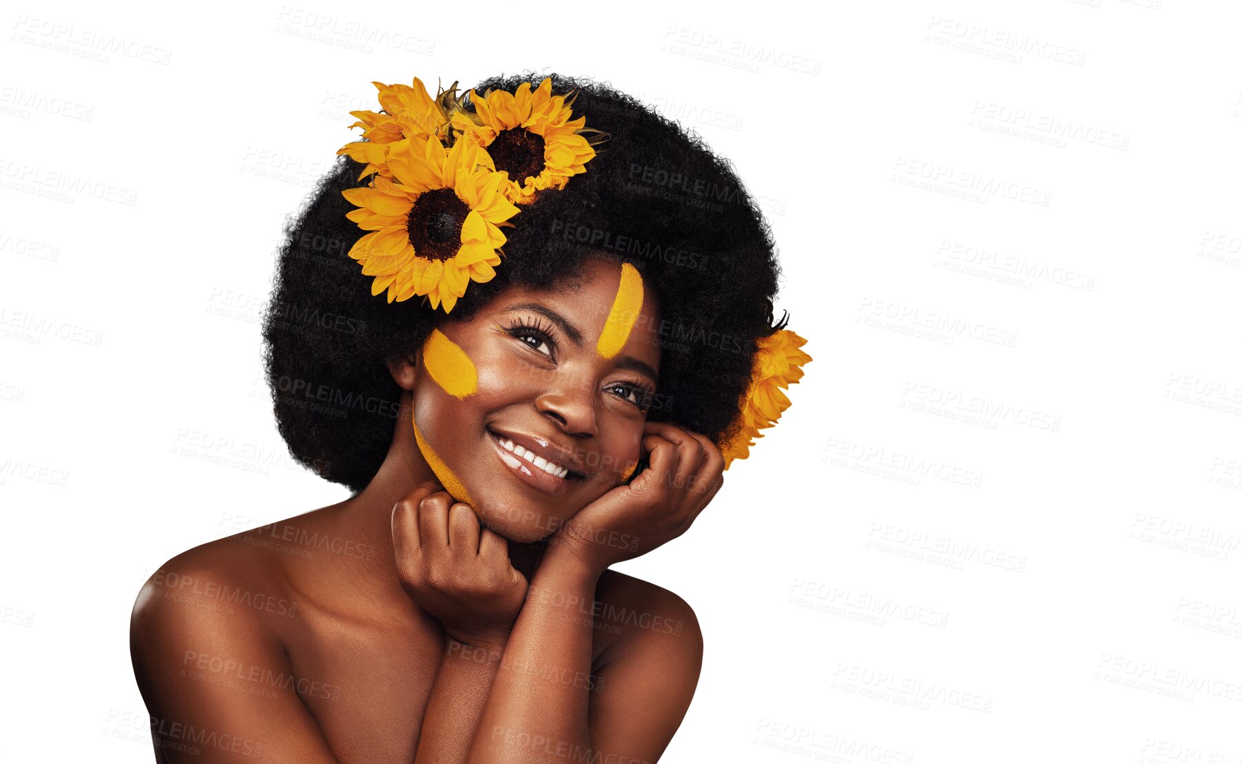 Buy stock photo Smile, ideas and black woman with flowers for skincare, cosmetic and natural face routine. Happy, beauty and young African model with floral plants in hair isolated by transparent png background.