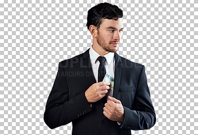 Buy stock photo Businessman, fraud and hide money in suit for bribe, extortion and finance theft in corporate career. Young person, scam and illegal profit for secret cash and isolated on transparent png background