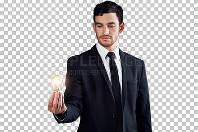 Buy stock photo Idea, innovation and lightbulb with a business man isolated on a transparent background for creative breakthrough. Electricity, eureka and aha with a confident young employee on PNG for success