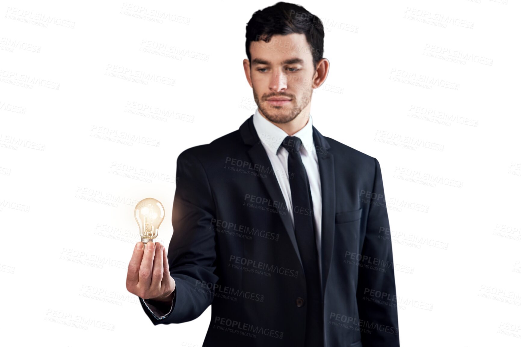 Buy stock photo Idea, innovation and lightbulb with a business man isolated on a transparent background for creative breakthrough. Electricity, eureka and aha with a confident young employee on PNG for success