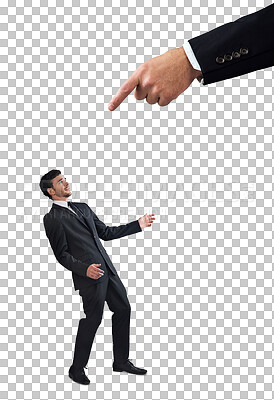 Buy stock photo Businessman, boss and pointing finger in oppression, financial crisis or debt isolated on a transparent PNG background. Manager reprimanded small man or employee in abuse, mistake or career authority