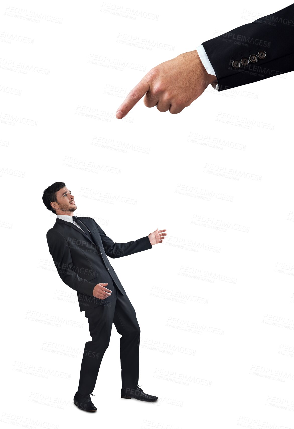 Buy stock photo Businessman, boss and pointing finger in oppression, financial crisis or debt isolated on a transparent PNG background. Manager reprimanded small man or employee in abuse, mistake or career authority