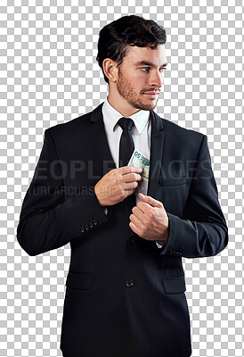 Buy stock photo Businessman, finance or hide money in jacket for bribe, extortion or fraud theft in corporate career. Young person, scam and illegal profit for secret cash and isolated on transparent png background