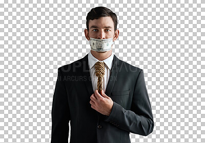 Buy stock photo Businessman, portrait and bribe with money tape for fraud, corruption or isolated on a transparent PNG background. Face of man or employee with dollar bill, cash or note on mouth for private finance