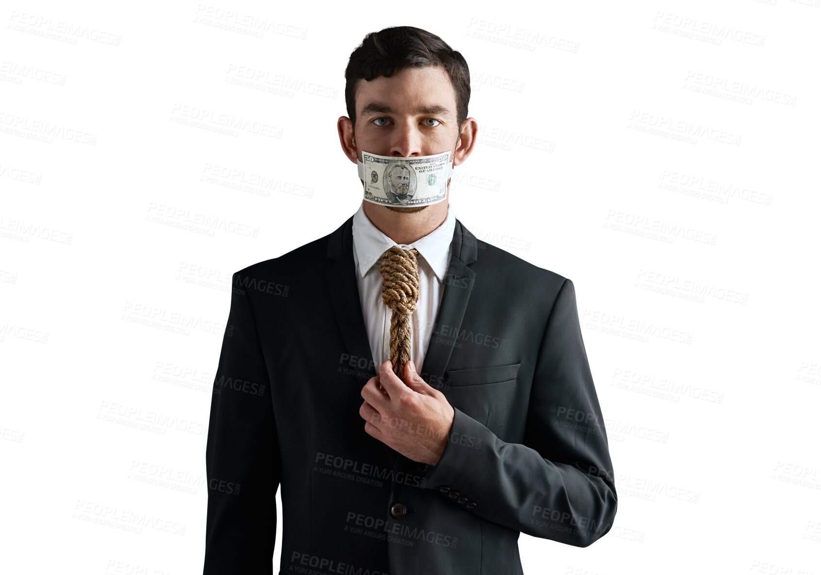 Buy stock photo Businessman, portrait and bribe with money tape for fraud, corruption or isolated on a transparent PNG background. Face of man or employee with dollar bill, cash or note on mouth for private finance