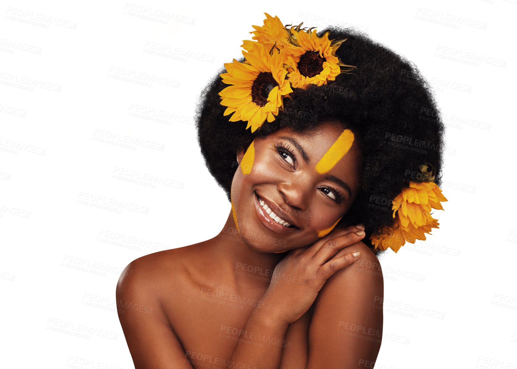 Buy stock photo Thinking, smile or black woman with sunflowers, makeup or confident girl isolated on transparent background. African person, nature or model with png, aesthetic or facial with happiness and skincare