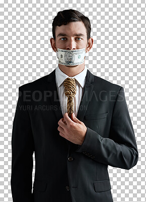 Buy stock photo Business man, corruption and money on mouth for fraud, bribery and isolated on transparent png background. Portrait, corporate crime and rope tie with dollar for illegal finance, secret deal and scam