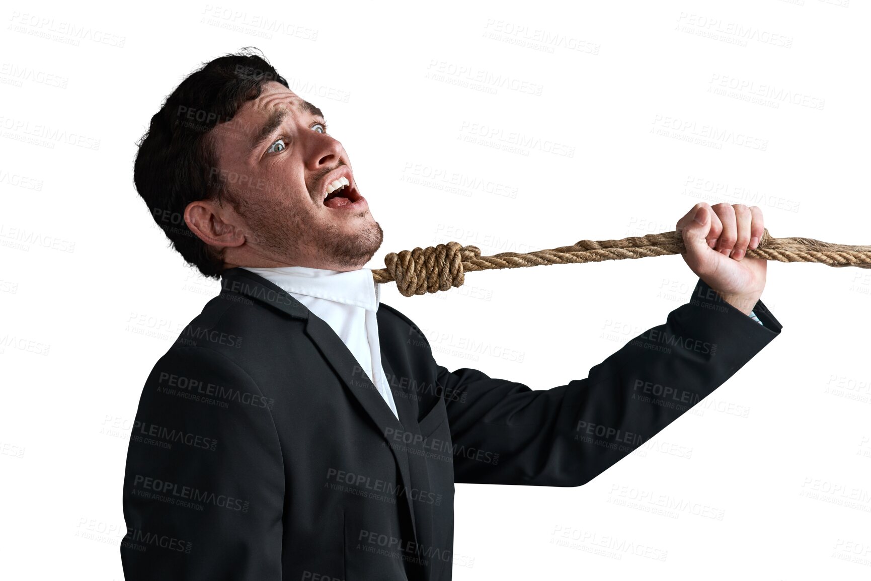 Buy stock photo Businessman with stress, rope on neck and isolated on transparent png background. Mental health, burnout and anxiety, scared man with noose and frustrated with business problem, risk or challenge.