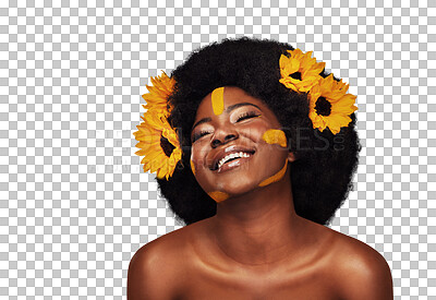 Buy stock photo Thinking, cosmetics or black woman with sunflowers, funny or confident girl isolated on transparent background. African person, nature or model with plants, aesthetic or makeup with happiness or png