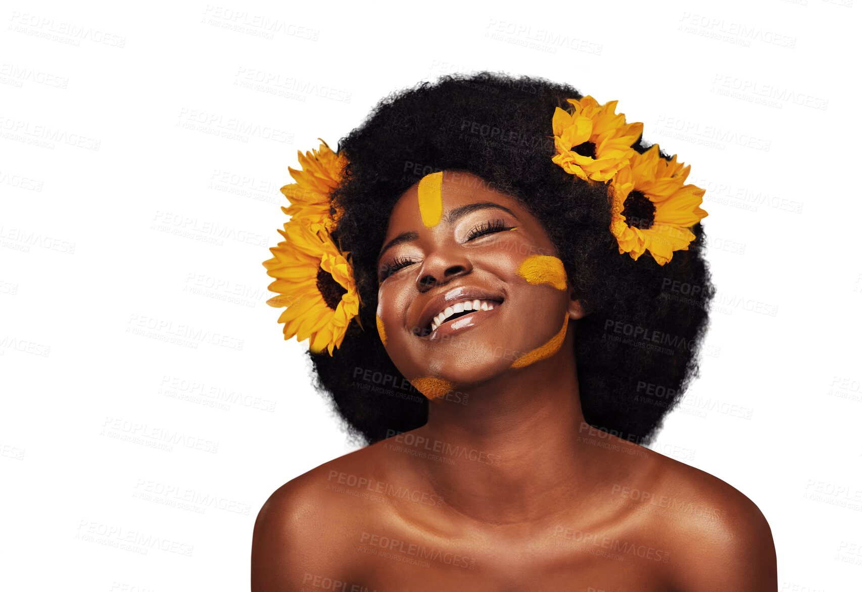 Buy stock photo Thinking, cosmetics or black woman with sunflowers, funny or confident girl isolated on transparent background. African person, nature or model with plants, aesthetic or makeup with happiness or png