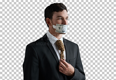 Buy stock photo Businessman, bribe and money tape for corporate fraud, corruption or isolated on transparent png background. Noose for laundering funds, silent or financial crime in accounting firm for personal gain